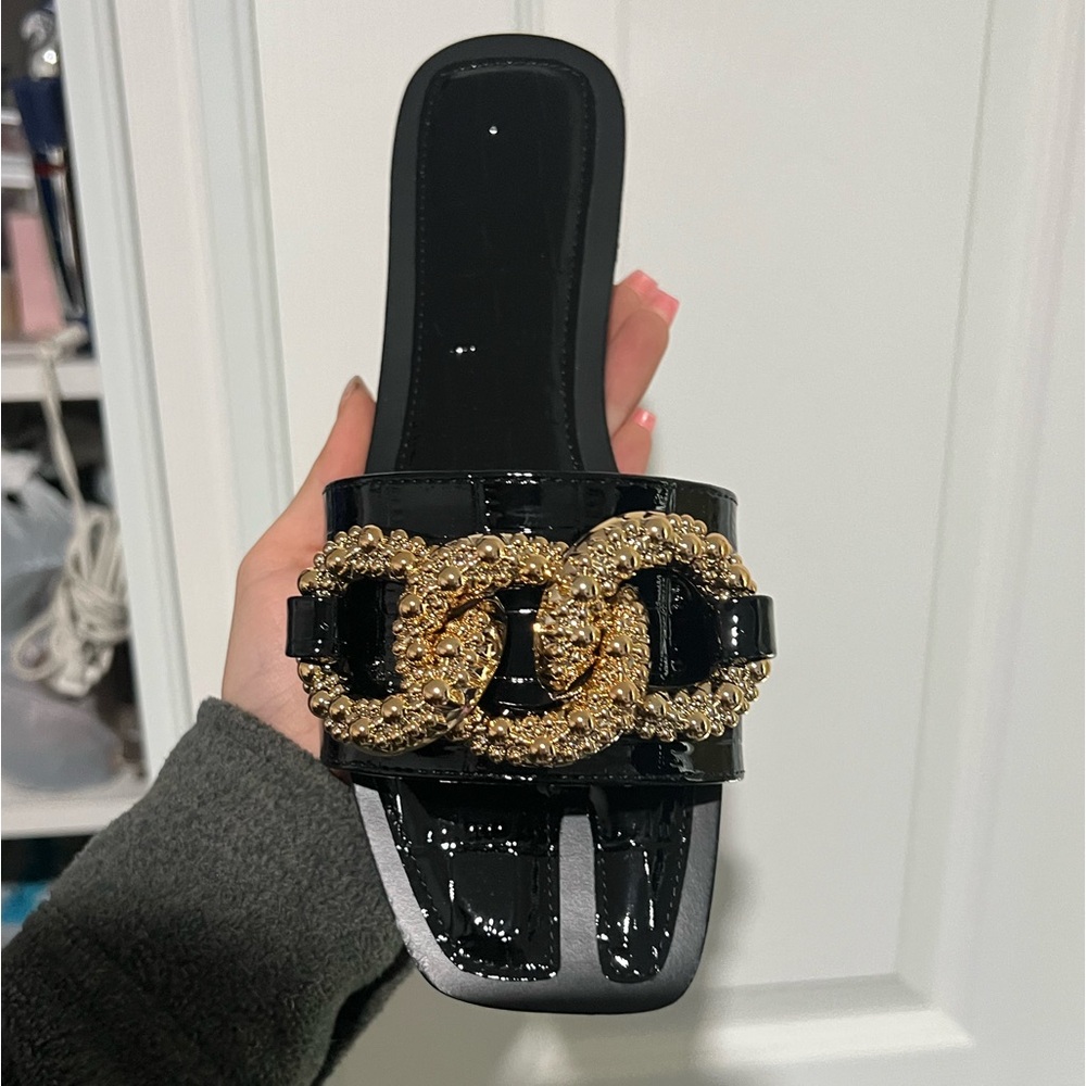 brand new black leather print sandals brand new with box